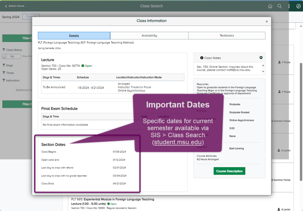 SIS Class Search - Important Dates screenshot