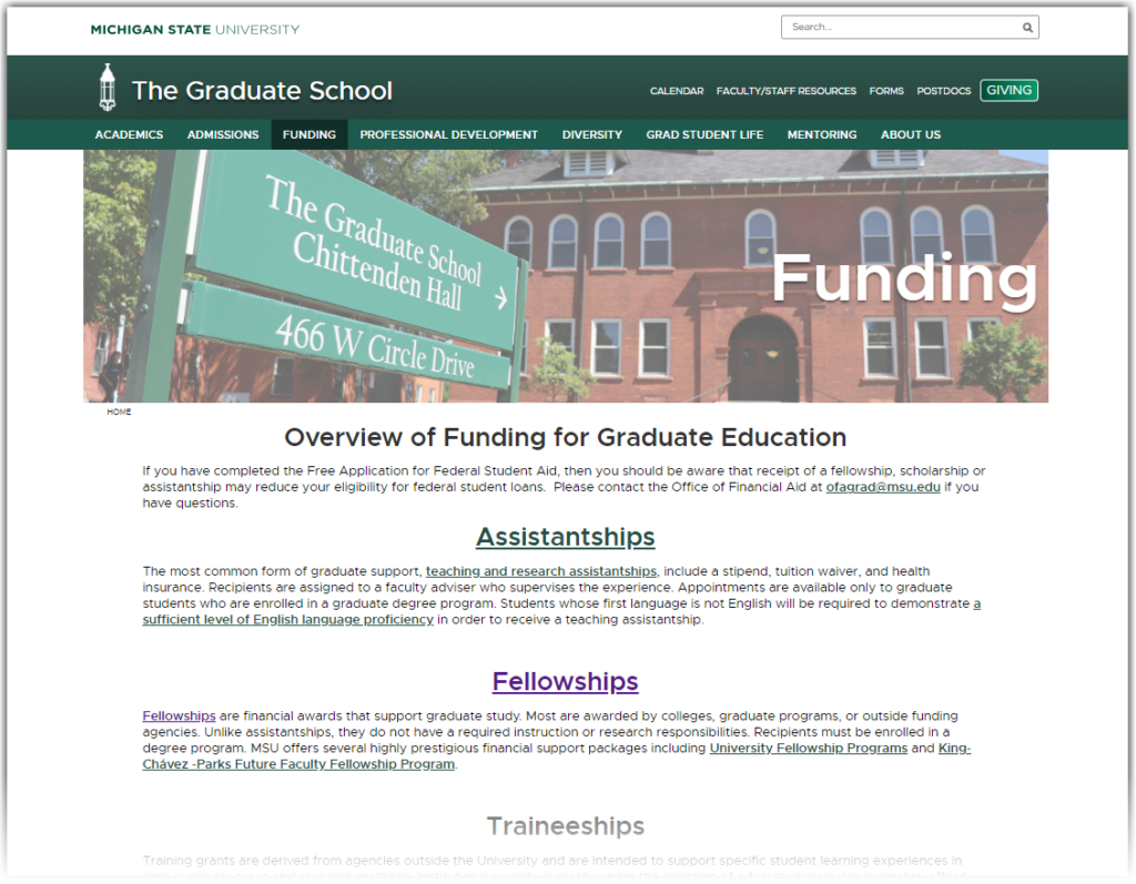 MSU Grad School Funding page screenshot